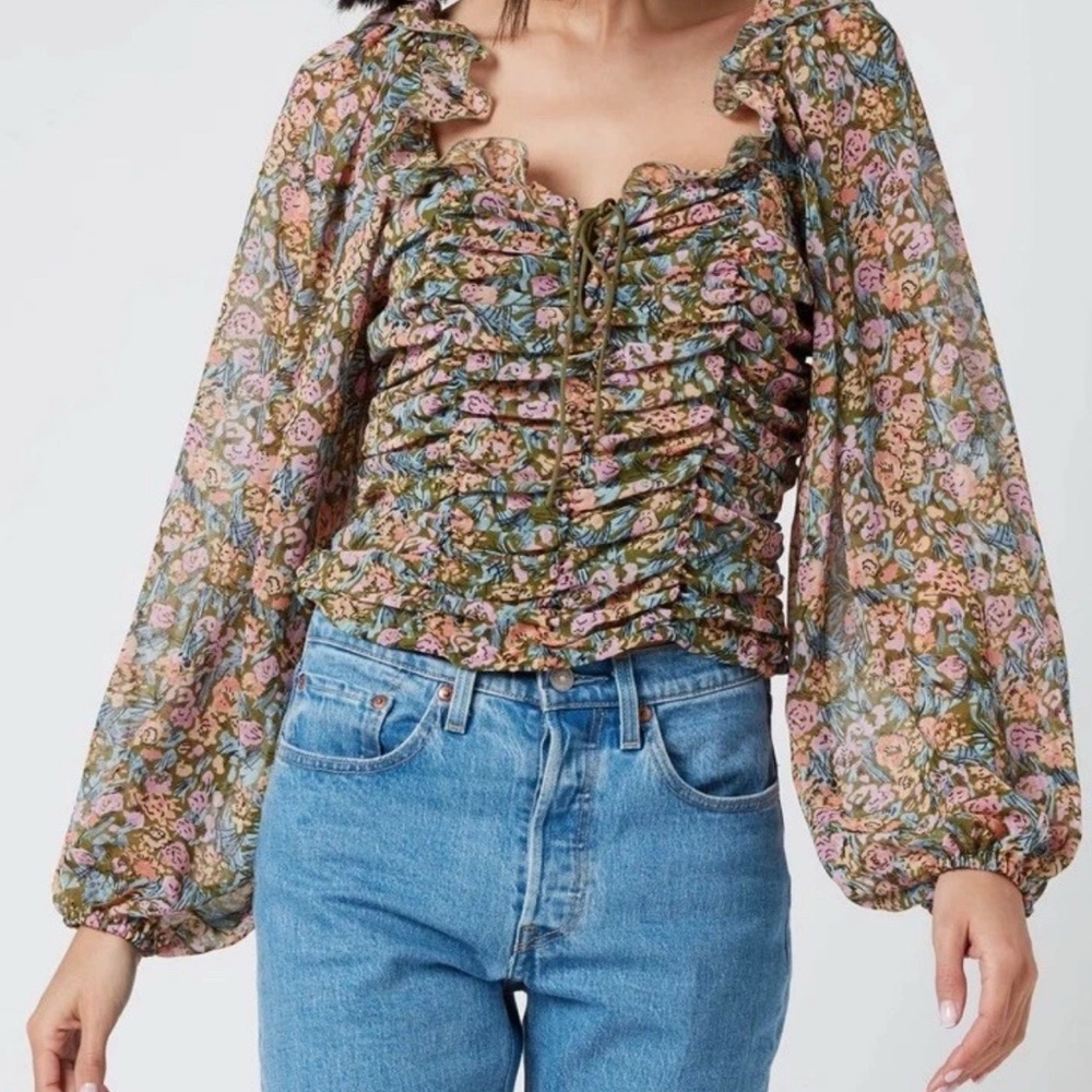 Free People  Mabel Multi Floral Ruffled‎ Peasant Top M